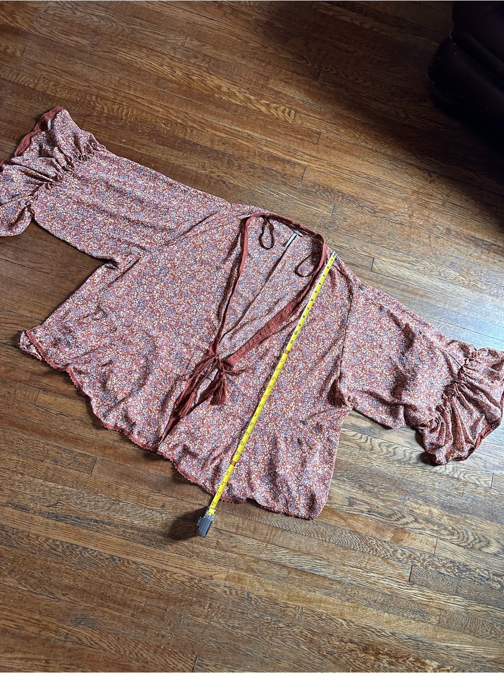 Free People Lola Kimono Bell Sleeves Tie Front Tassels Lace Trim Floral - Picture 6 of 11